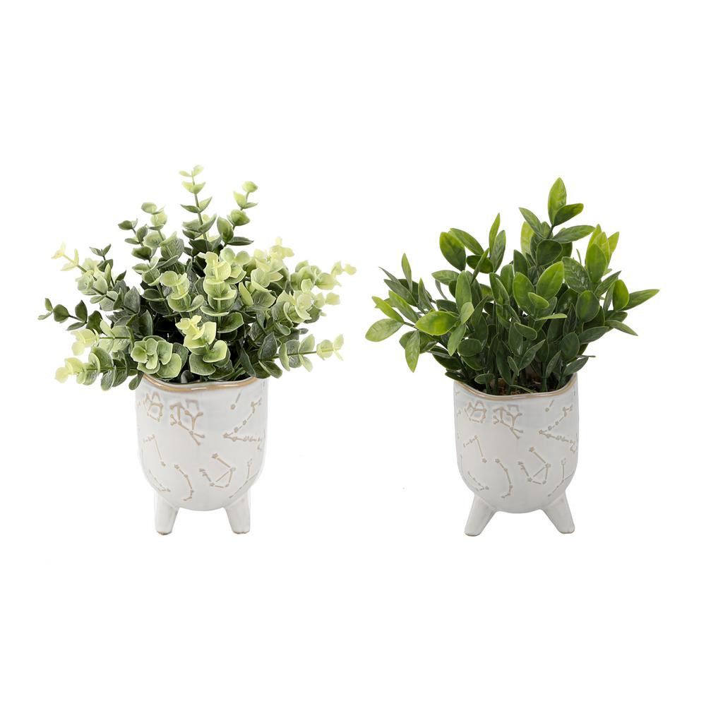 Flora Bunda 8 in. H Faux Eucalyptus and Tea Leaf in 3 in. Ivory Constellation Footed Ceramic Planter | The Home Depot