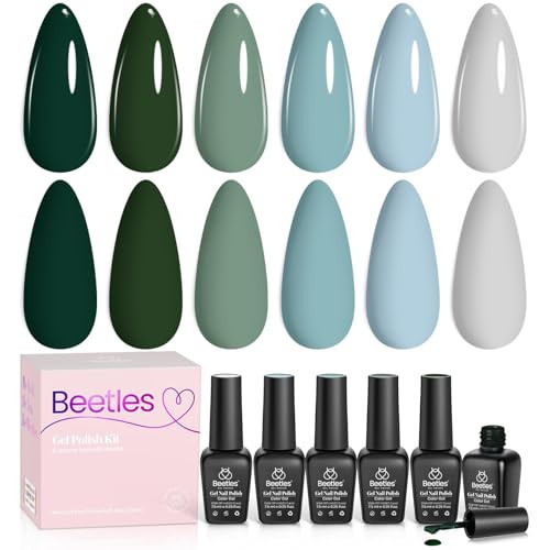 Beetles Green Gel Nail Polish Set, 6 Colors Dark Green Gray Blue Baby Blue Color Gel Nail Polish Misty Soak Off DIY Home Uv Nails Gifts for Women Girls | Amazon (US)