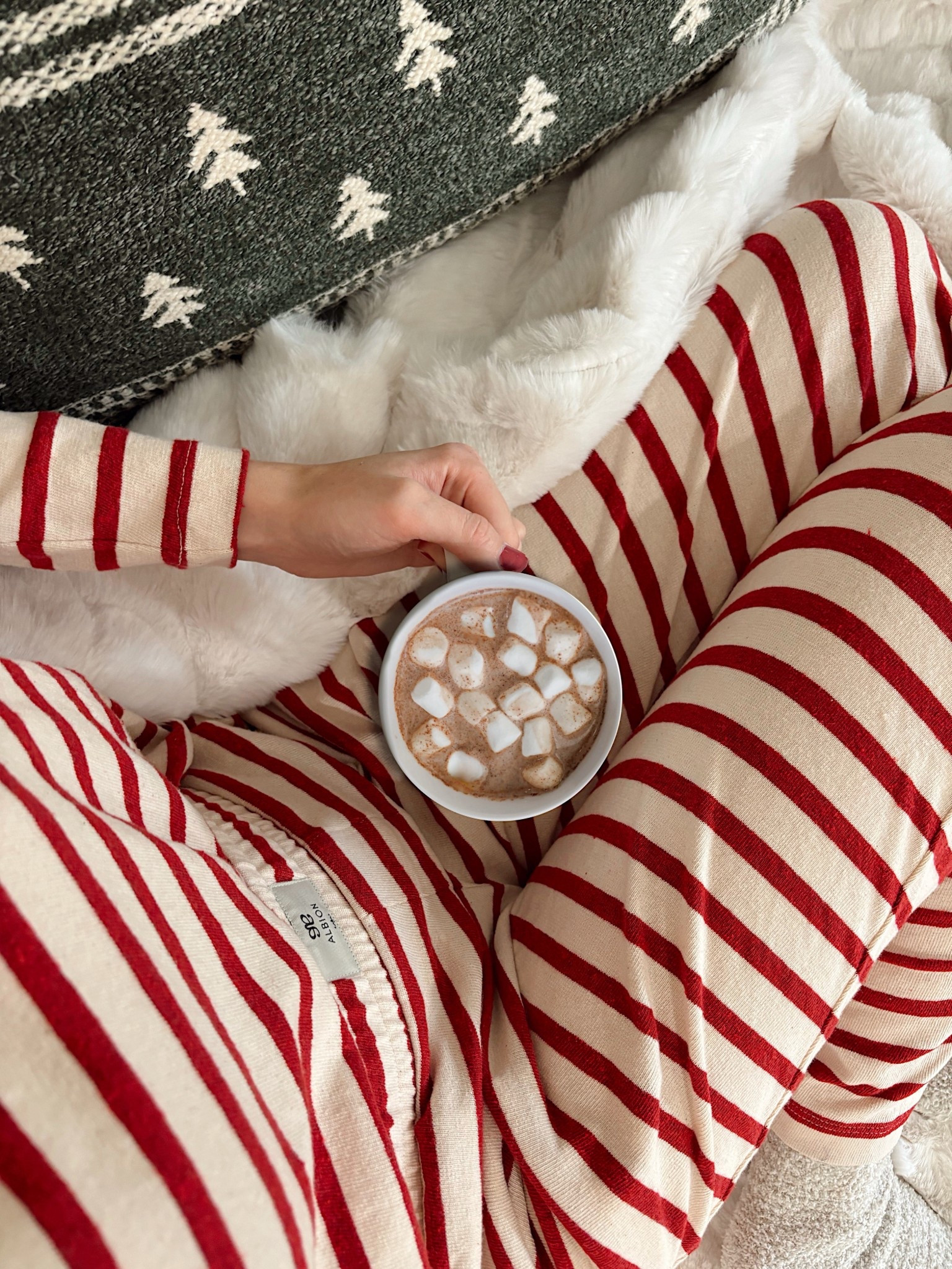 Cozy winter vibes! I absolutely love this set from Albion Fit! And it’s on sale right now for 30% off (November 15 only) not to mention this is the coziest weighted blanket ever. It is from Lola blankets in the color snow White. Perfect for the holidays 🎄Perfect gift for your loved ones 🤍🤭 #selfcare #winter #cozy #christmas #holiday #mom #matchingsey #loungewear #pajamas red and white stripe.  comfy. 