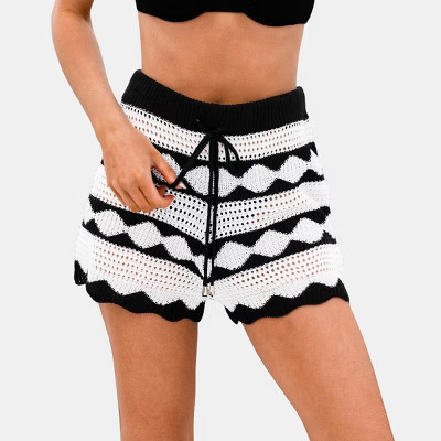 Women's Black & White Chevron Crochet Cover Up Shorts with Drawstring Waist - Cupshe-S-Black | Target
