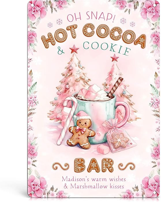 Pink Gingerbread Christmas Hot Cocoa Bar Sign - Vintage Pastel Christmas Wall Decor for Kitchen, ... | Amazon (US)