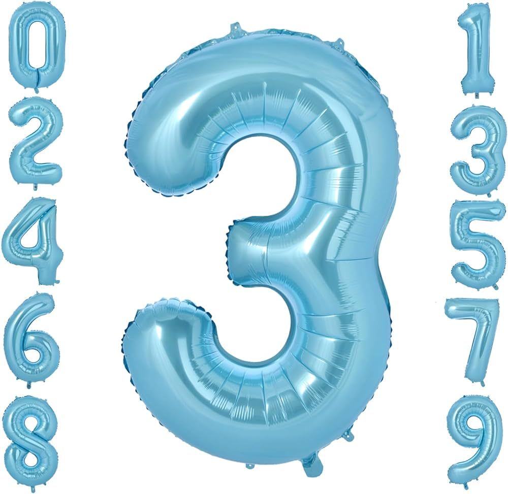 40 Inch Light Blue Giant Number Balloons 3, Jumbo Digital Foil Mylar Balloon for Birthday Party W... | Amazon (US)