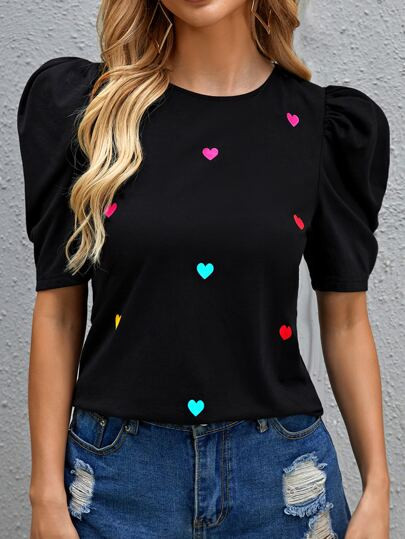SHEIN Puff Sleeve Heart Top | SHEIN