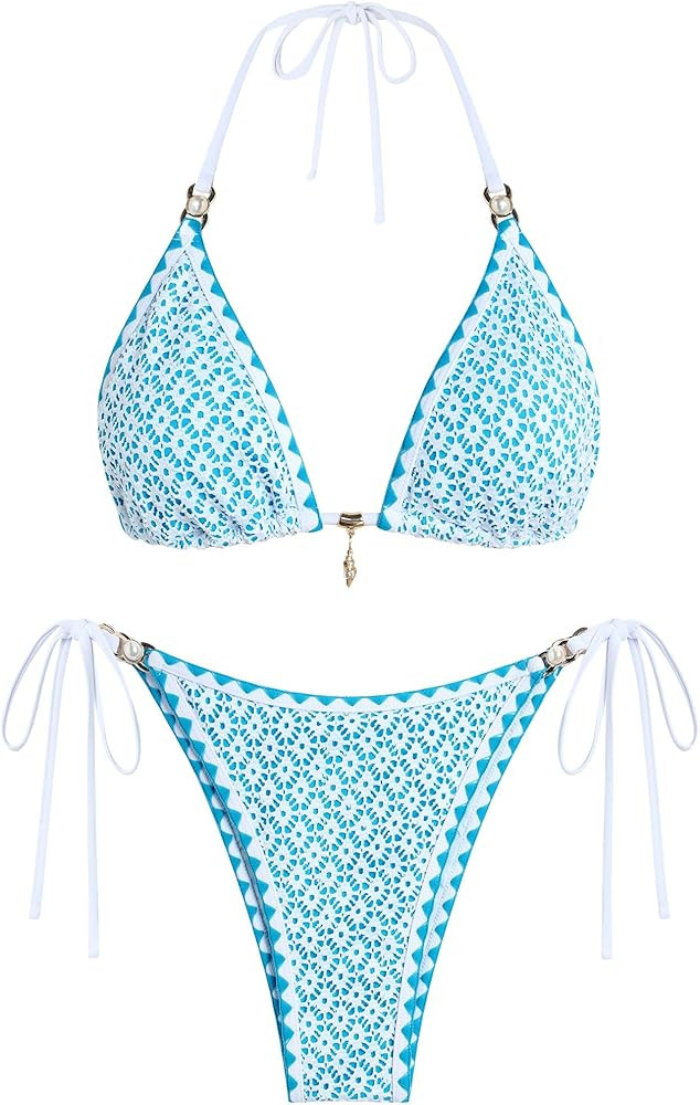 ZAFUL Womens 2 Piece Triangle Bikini Hollow Out Halter Bikini Sets Sexy Bathing Suit High Waisted... | Amazon (US)