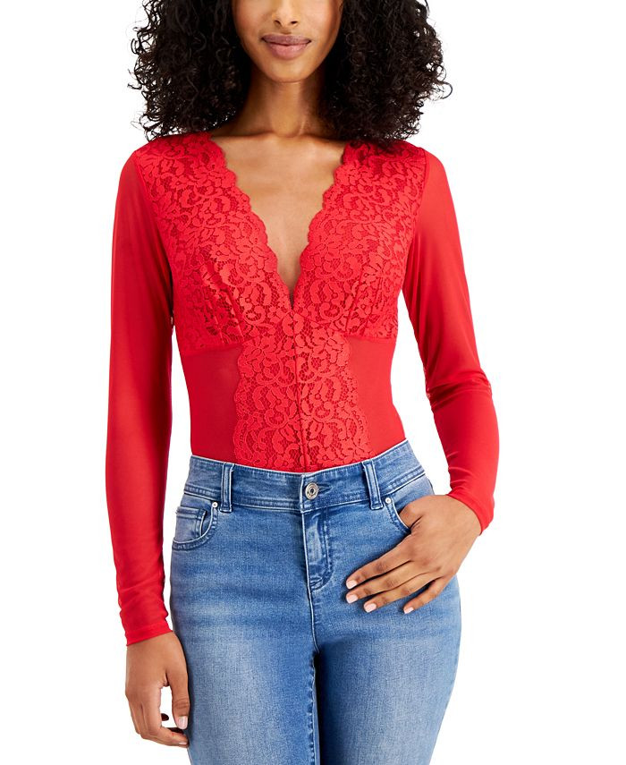 INC International Concepts Not So Basic Long-Sleeve Lace Mesh Bodysuit, Created for Macy's & Revi... | Macys (US)