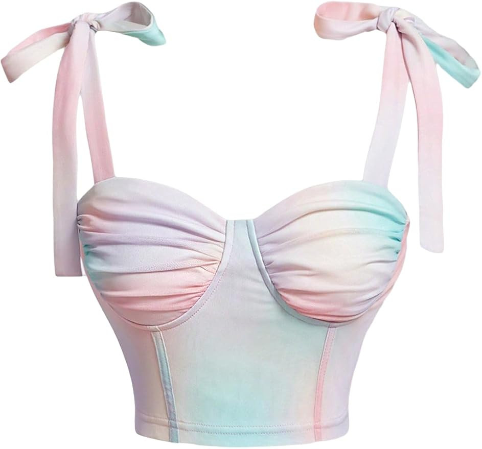 Women's Ombre Pattern Wide Strap Ruched Crop Cami Top Sleeveless Tie Shoulder Slim Fit Tank Top | Amazon (US)