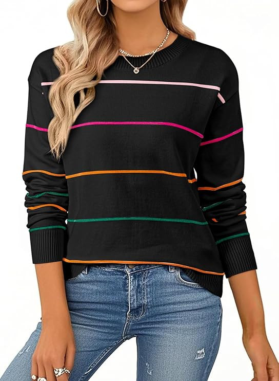SHEWIN Womens Sweaters Crew Neck Knit Long Sleeve Striped Sweater Fall Outfits for Women 2025 | Amazon (US)