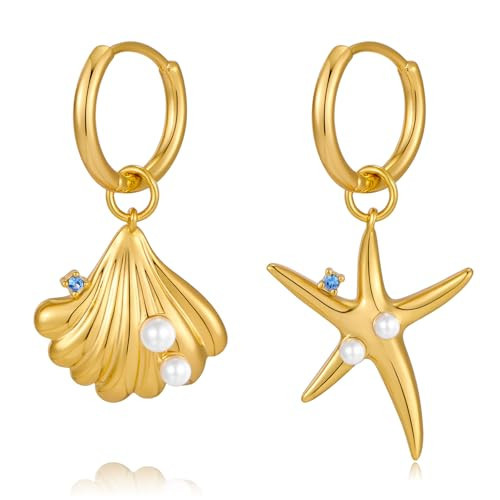 ENSKEFEN Gold Sea Star Shell Earrings for Women Asymmetric Shell and Starfish Earrings Boho Ocean Dangle Hoop Earring Minimalist Beach Summer Jewelry | Amazon (US)