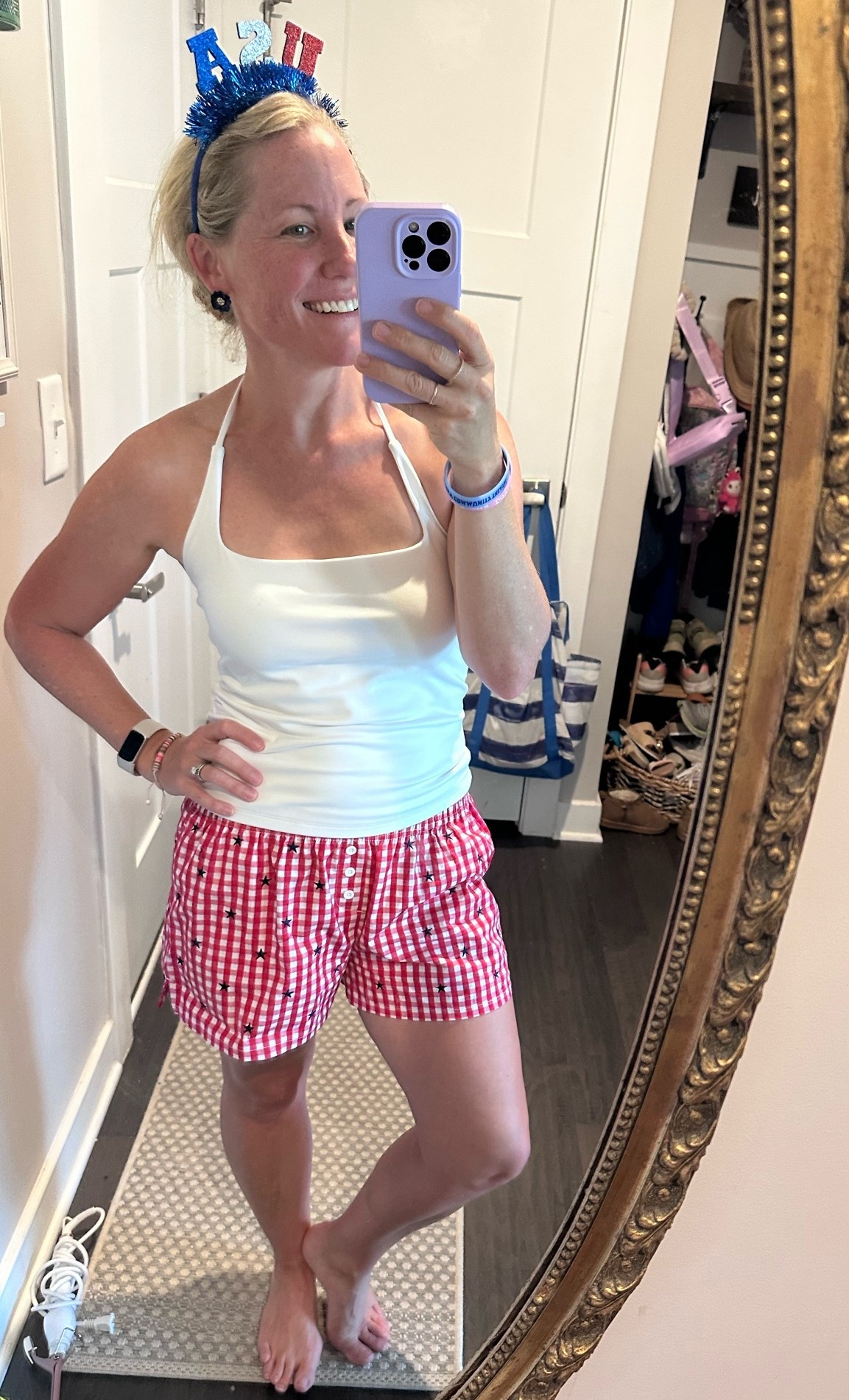 Fourth of July parade outfit! Lots of other colors available, this halter is double lined and super smooth (still need to wear a strapless bra)