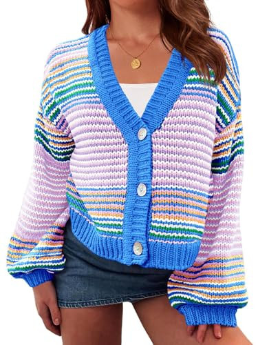 Saodimallsu Womens Striped Cardigan Sweaters Oversized Puff Sleeve Button Up V Neck Color Block Knit Sweater Coat Blue | Amazon (US)