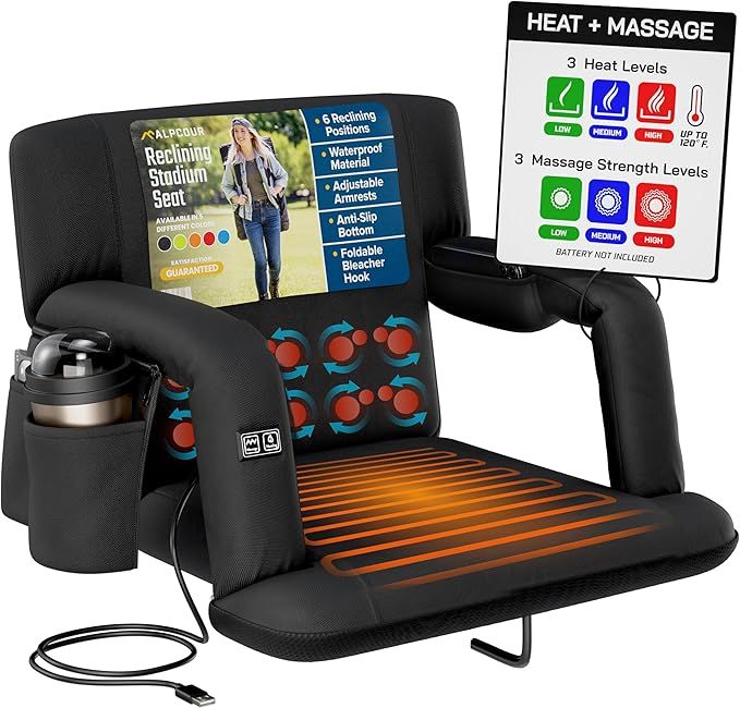 Alpcour Heating Massage Stadium Seat – Deluxe Reclining Bleacher Chair with Back & Arm Support ... | Amazon (US)