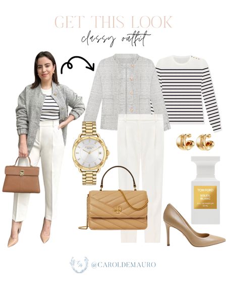 Upgrade your style with this timeless and classy look: A striped long-sleeve top paired with a tweed blazer, white pants, brown handbag, and more!
#classicoutfit #petitestyle #springfashion #capsulewardrobe

#LTKSeasonal #LTKshoecrush #LTKstyletip