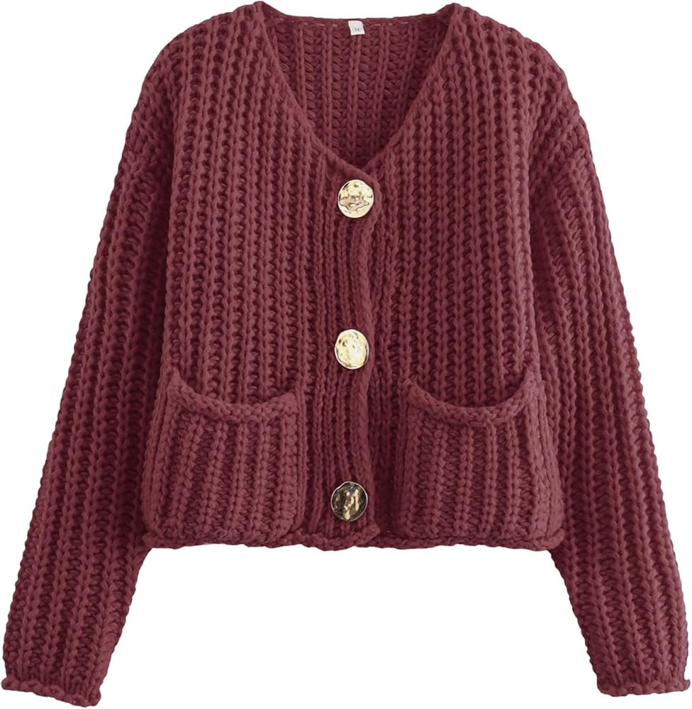 FindThy Women’s Cropped Knit Cardigan Long Sleeve Crewneck Button Down Fall Sweater with Pocket... | Amazon (US)