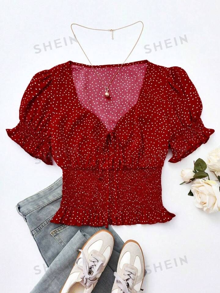 SHEIN WYWH Plus Size Polka Dot Print Shirt With Sweetheart Neck-Tie | SHEIN