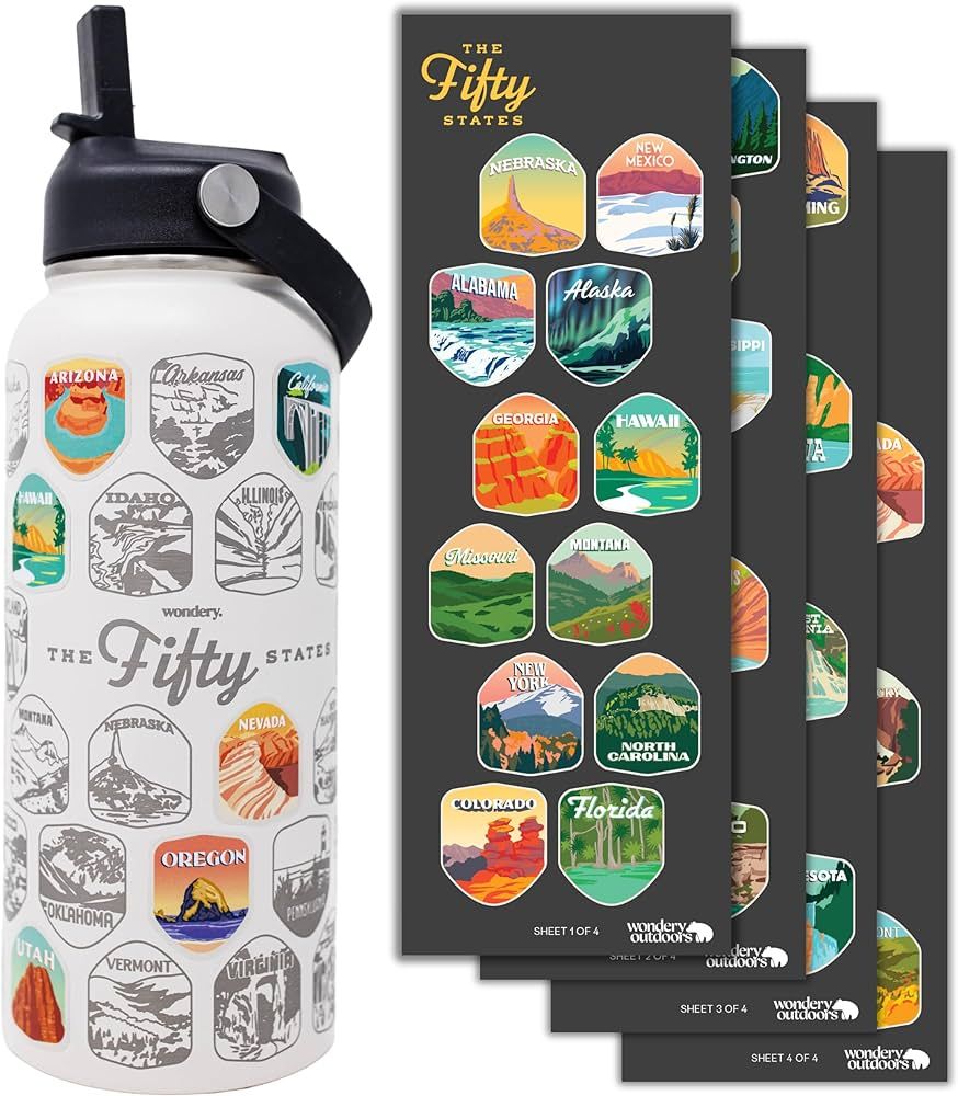 Official Fifty States Bucket List Travel Water Bottle with Waterproof Stickers and Straw | Cream ... | Amazon (US)