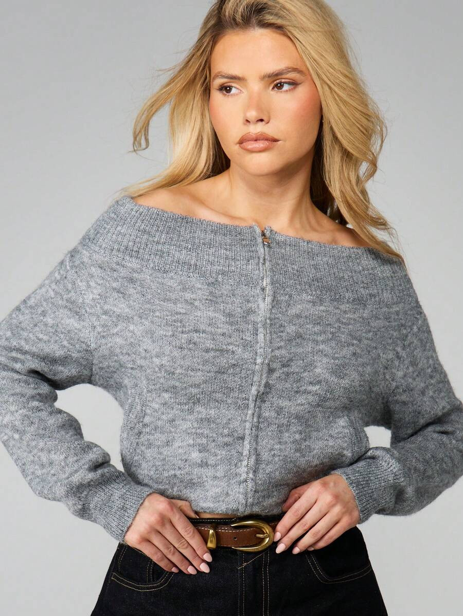 MISSGUIDED Off Shoulder Button Front Heathered Knit Cardigan Sweater With Ribbed Cuffs | SHEIN