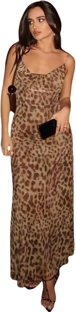 Women's Sexy Sleeveless Tulle Leopard Print Maxi Dress Elegant Spaghetti Strap Backless Dress Bea... | Amazon (US)