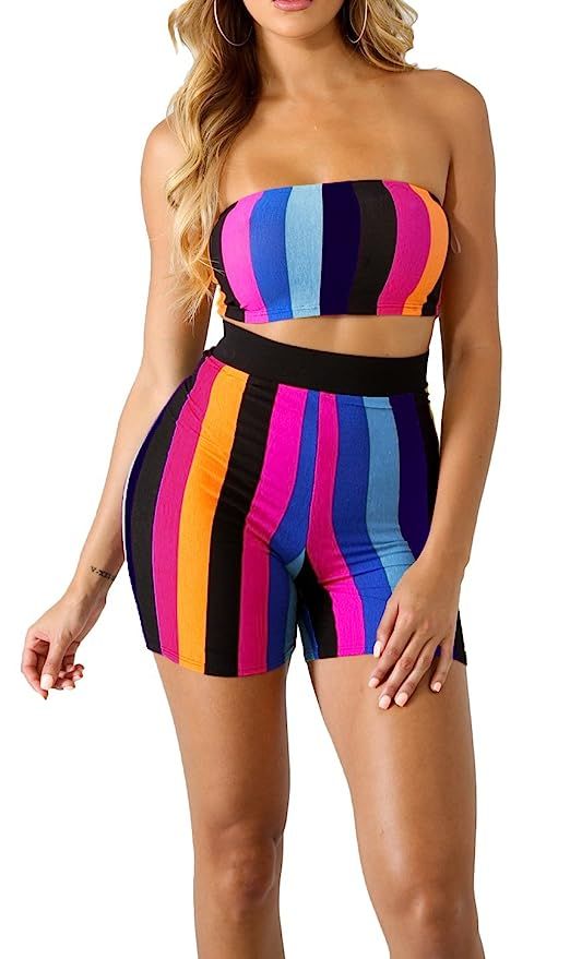 Adogirl Womens Sexy 2 Piece Outfits Bodycon Stripe Print Sleeveless Tube Top and Hot Shorts Set R... | Amazon (US)