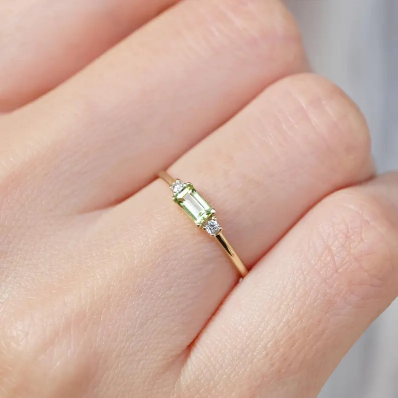 14k Gold Peridot Baguette Ring, August Birthstone, Slim Stacking Band, Delicate Green Gemstone Je... | Etsy (US)