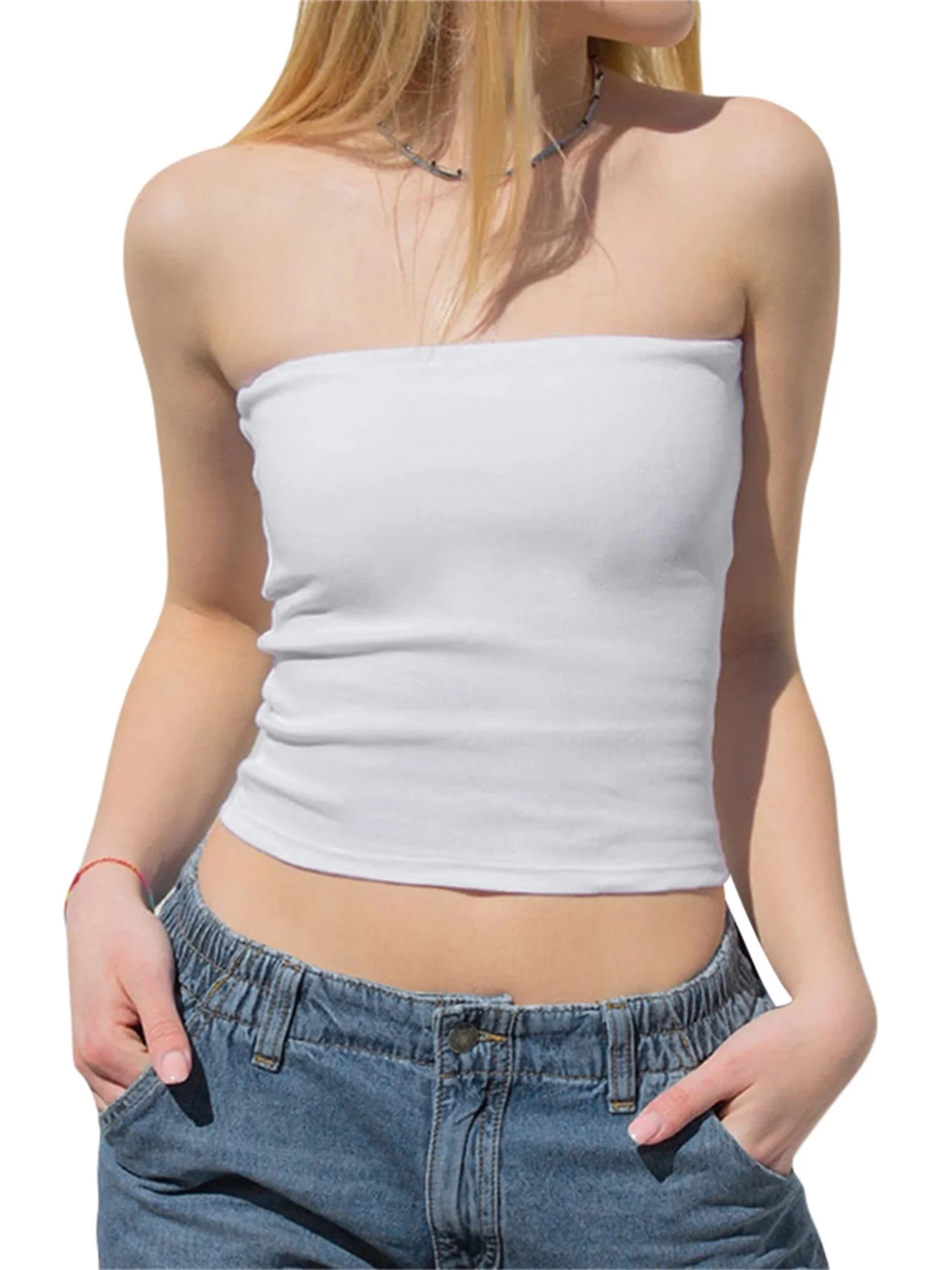 Lamuusaa Women's Summer White Csual Tube Tops, Basic Strapless Stretchy Bandeau Crop Tops for Sum... | Walmart (US)