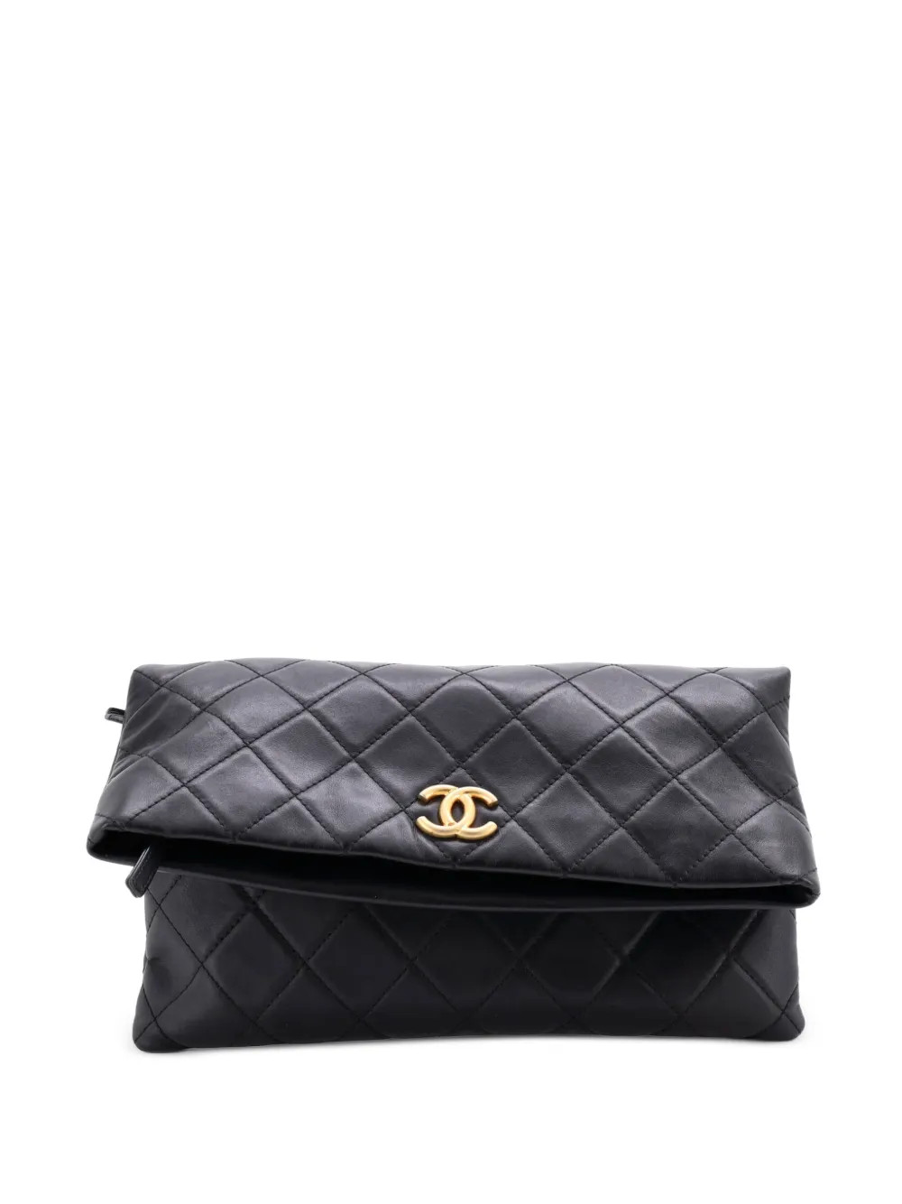 CHANEL Pre-Owned CC Foldover Quilted Lambskin Large clutch bag - Black | Farfetch Global
