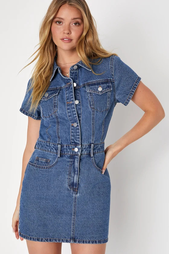 Ready to Charm Medium Wash Short Sleeve Denim Mini Dress | Lulus