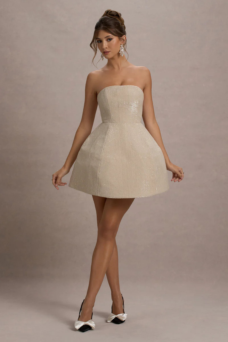 Clarabell | Cream Sequin Bandeau Structured Mini Dress | Club L London