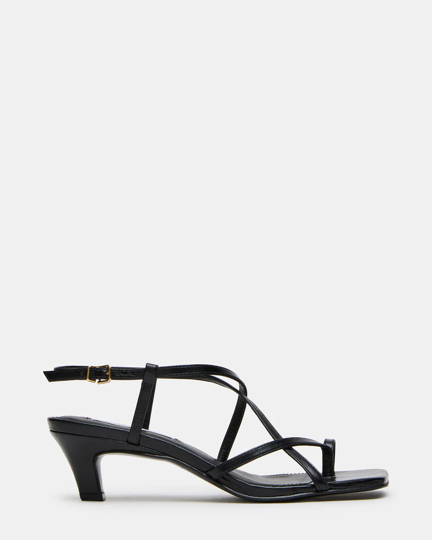 TRIANA Black Leather Strappy Square-Toe Thong Women's Kitten Heel | Steve Madden (US)