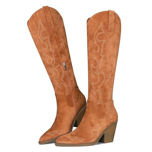 Erocalli Suede Knee High Boots Brown Cowboy Boots for Women Cowgirl Boots Side Half Zip Embroidered Western Boots Pointed Toe Chunky Block Heel Boots | Amazon (US)