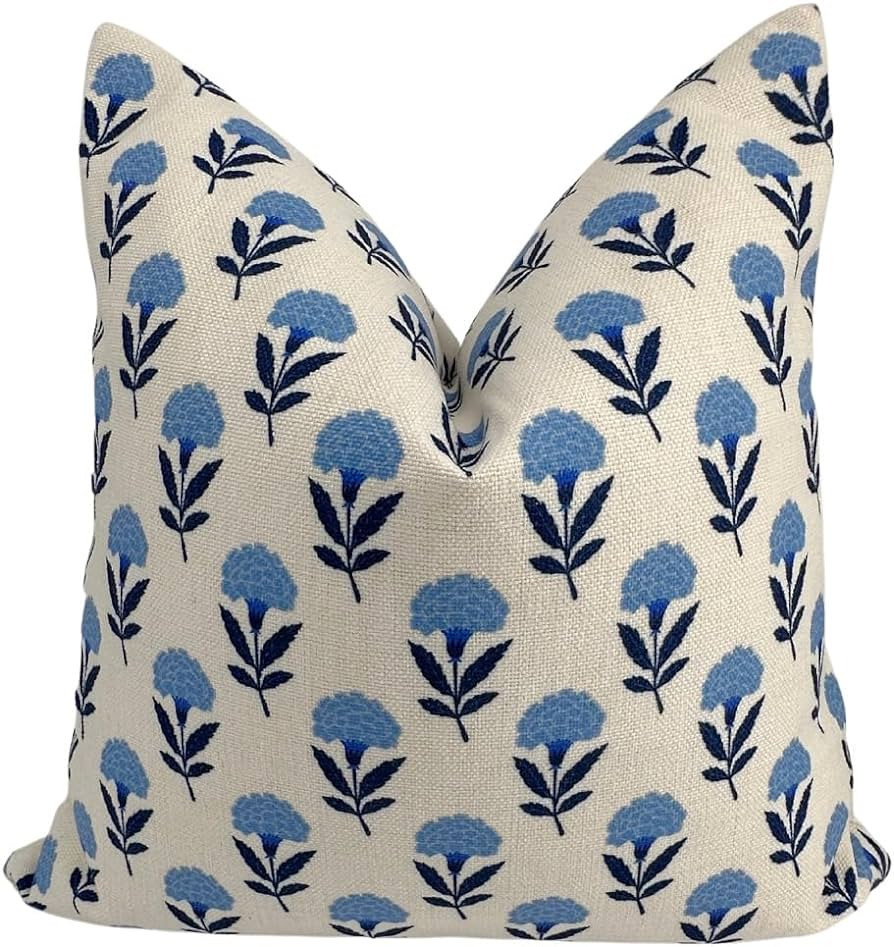 Jillien Harbor Charlotte Blockprint Pillow Cover Coastal Grandmillennial Style Blue & White | Amazon (US)