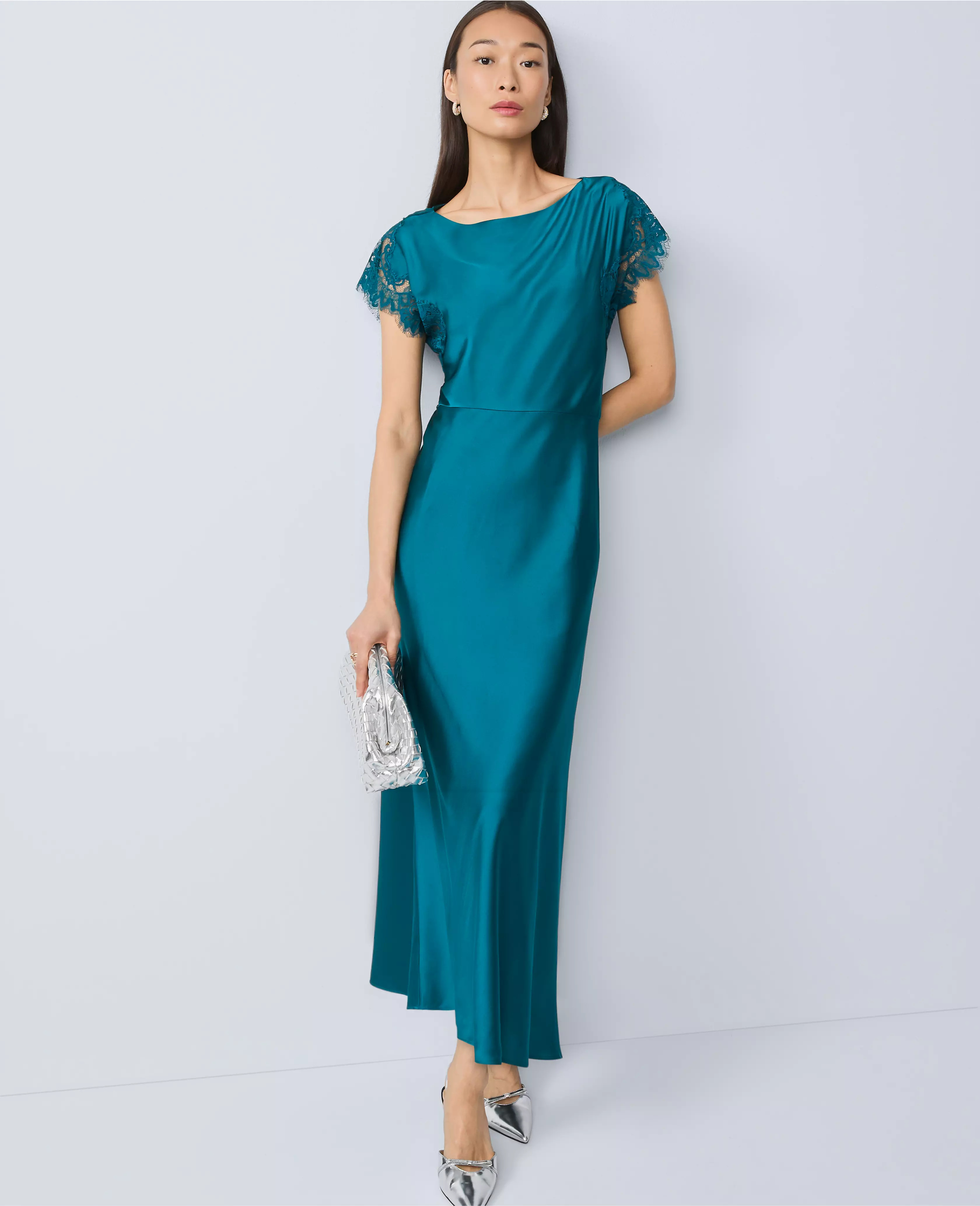 Lace Trim Satin Midi Dress | Ann Taylor