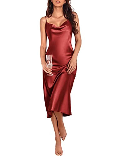 Ekouaer Nightgown for Women Lace Chemise V Neck Sleepwear Satin Slip Silk Nightie Bridal Babydoll Lingerie Burgundy | Amazon (US)