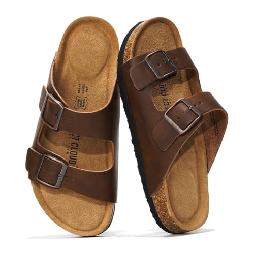 Project Cloud 100% Genuine Leather Flat Sandals For Women 2026 Cork Footbed Womens Sandals with Memory Foam and arch support Vacation Essentials Slides for Women Footwear (VenitaWD,TANDIS,8.5) | Amazon (US)