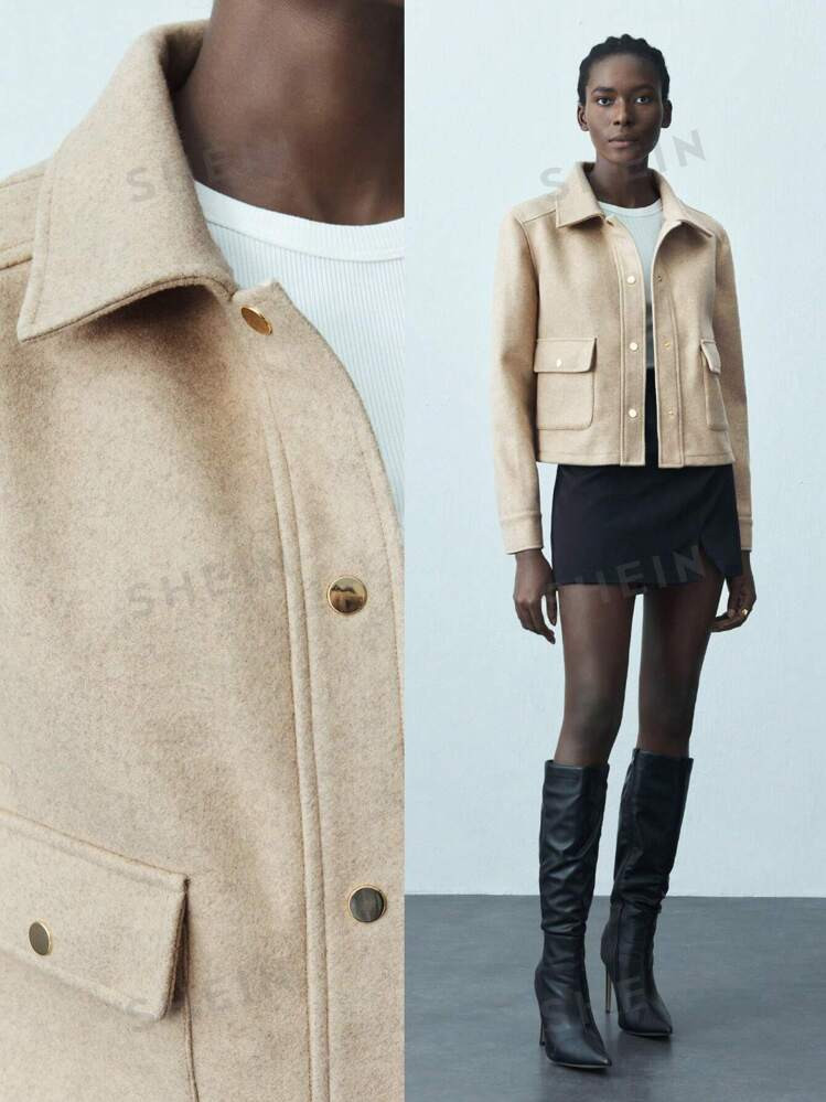 Maija Chaqueta informal de mezcla de lana con bolsillos utilitarios de unicolor para mujer, ropa ... | SHEIN