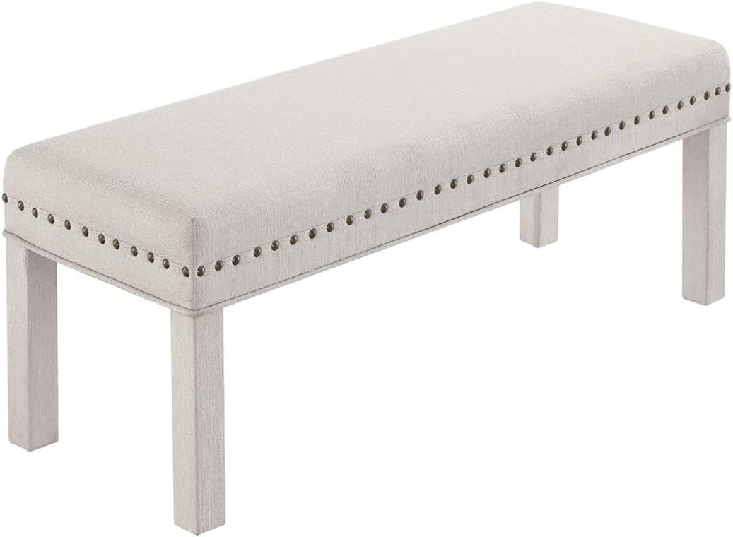 24KF Upholstered Linen Bed Bench with Nail Head Trim,Padded Tufted Bench -Ivory | Amazon (US)