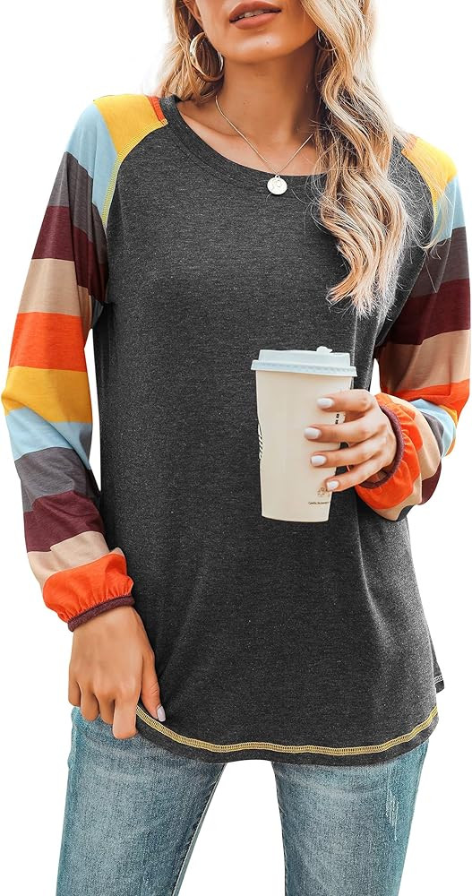 Hibluco Womens Casual Loose Tunics Tops Color Block Shirts Long Sleeve Blouses | Amazon (US)