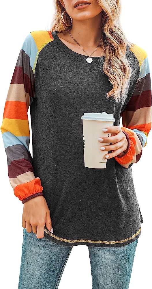 Hibluco Womens Casual Loose Tunics Tops Color Block Shirts Long Sleeve Blouses | Amazon (US)