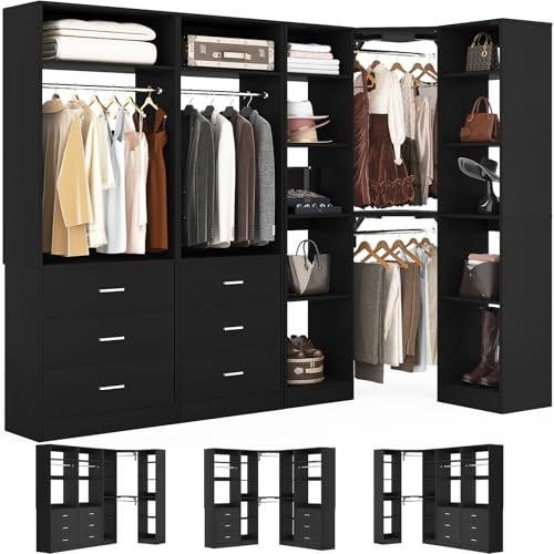 Besiost Corner Closet System with 6 Drawers, Closet Organizer System with 14 Shelves & 4 Hanging Rods, 87.2"L * 39.2"W / 63.2"L * 63.2"W Reversible L Shaped Walk-in Closets, Load 2500+LBS, Black | Amazon (US)
