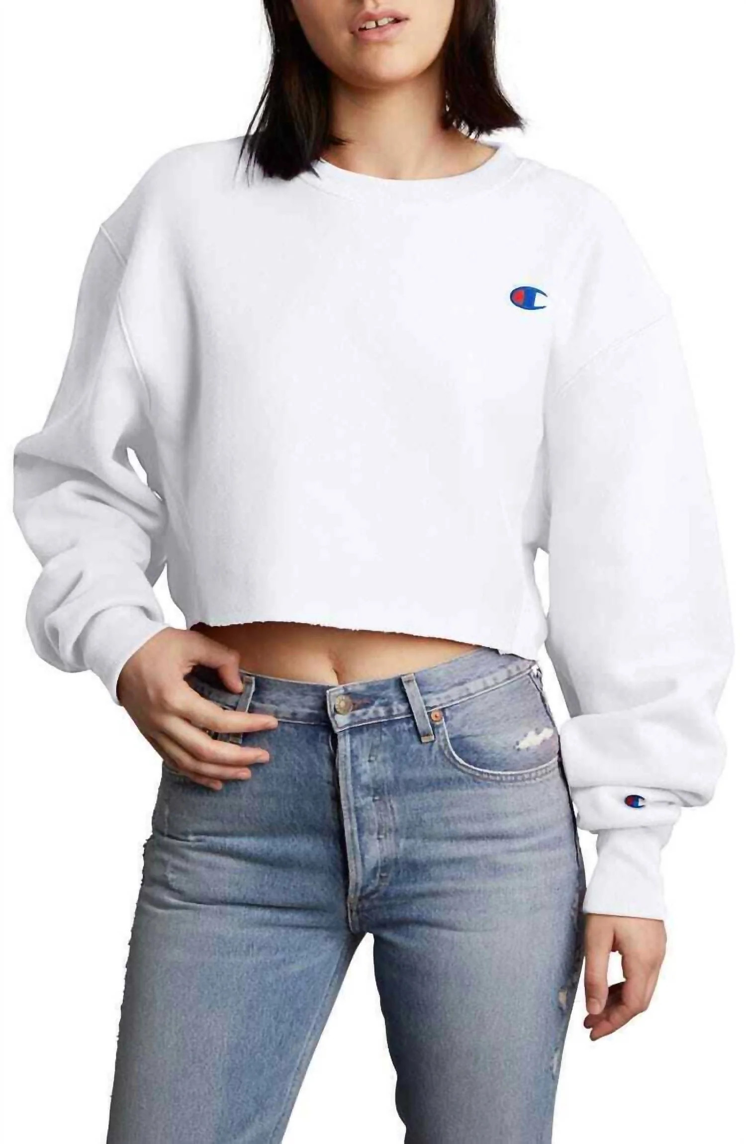Reverse Weave Cropped Cut Off Crew Raw Hem Sweatshirt In White | Shop Simon