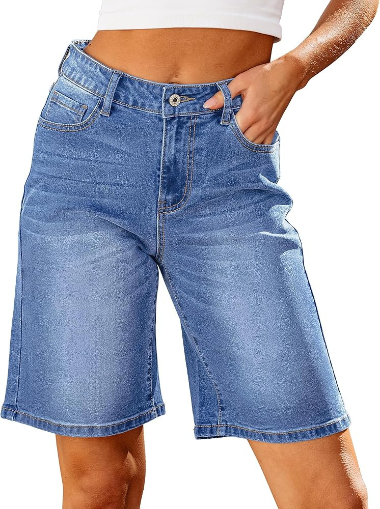 luvamia Bermuda Jean Shorts for Women High Waisted Trendy Stretchy Denim Shorts Knee Length Cutof... | Amazon (US)