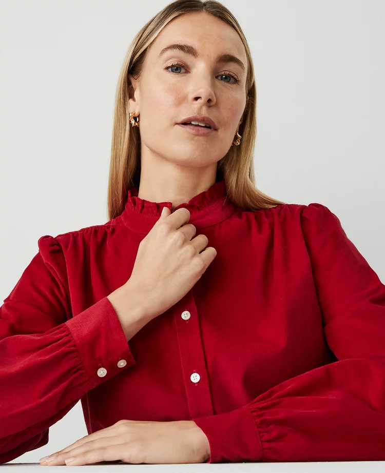 Weekend Collection Corduroy Ruffle Neck Shirt | Ann Taylor | Ann Taylor