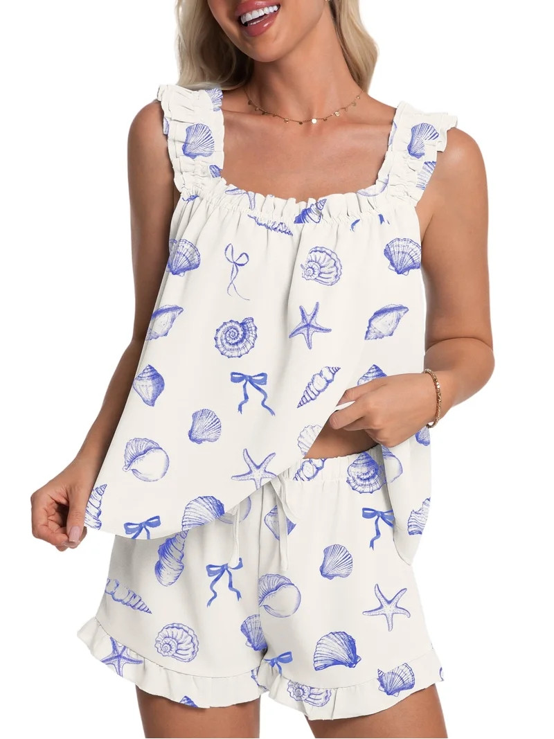 DAKIMOE Womens Pajamas Set 2 Piece Ruffle Pj Soft Tank Top and Shorts Sleepwear Lounge Sets for W... | Walmart (US)