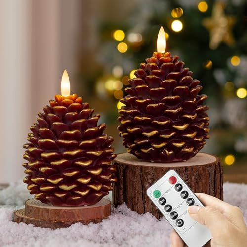 AFINETH Christmas Flameless Pinecone Candles with Remote, Real Wax Battery Operated Pine Cone Candles, 2 Pack Flickering Led Candle Christmas Decorations for Winter Home Holiday Xmas Gift, Brown | Amazon (US)