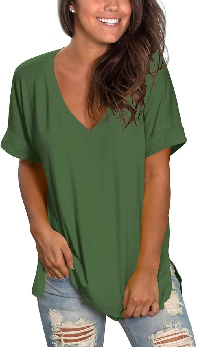 SAMPEEL Women's V Neck T Shirt Rolled Sleeve Side Split Tunic Tops | Amazon (US)