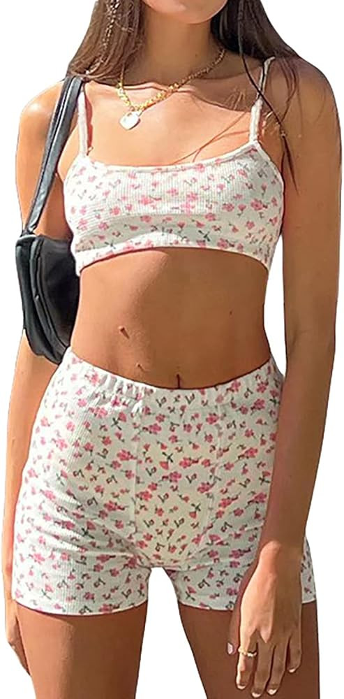 RUEWEY Women Y2K Shorts Set Floral Print Pajamas Set Knit Crop Cami Top Bodycon Shorts Lounge Sum... | Amazon (US)