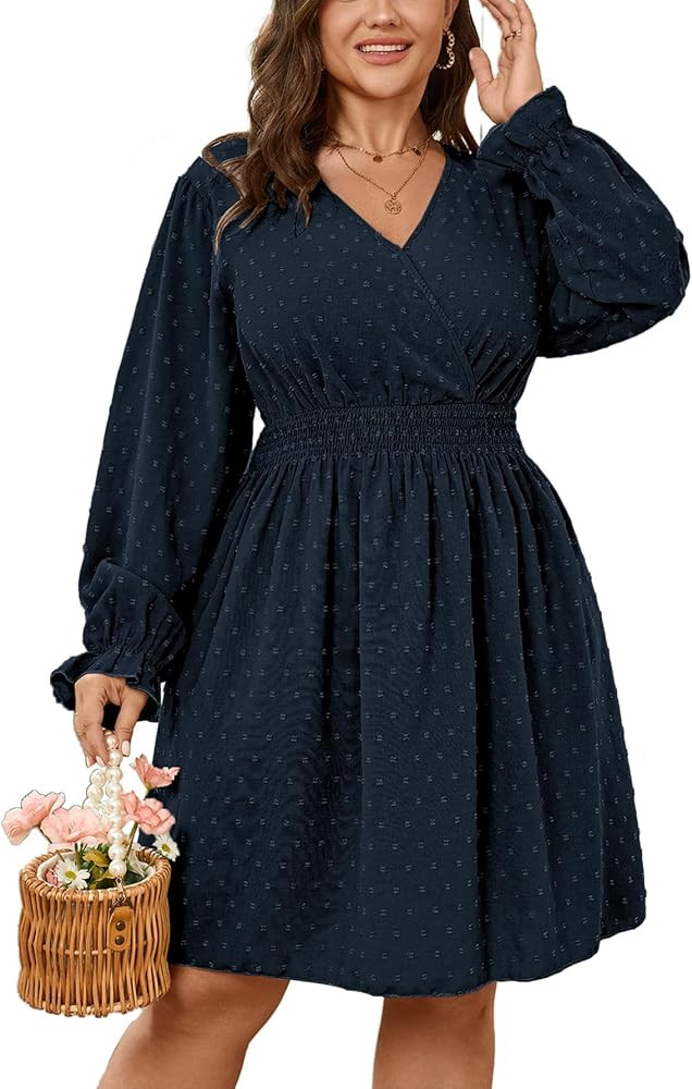 Plus Size Wrap Dress Casual Long Sleeve V Neck Swiss Dot Smocked Waist A Line Mini Dresses for Wo... | Amazon (US)