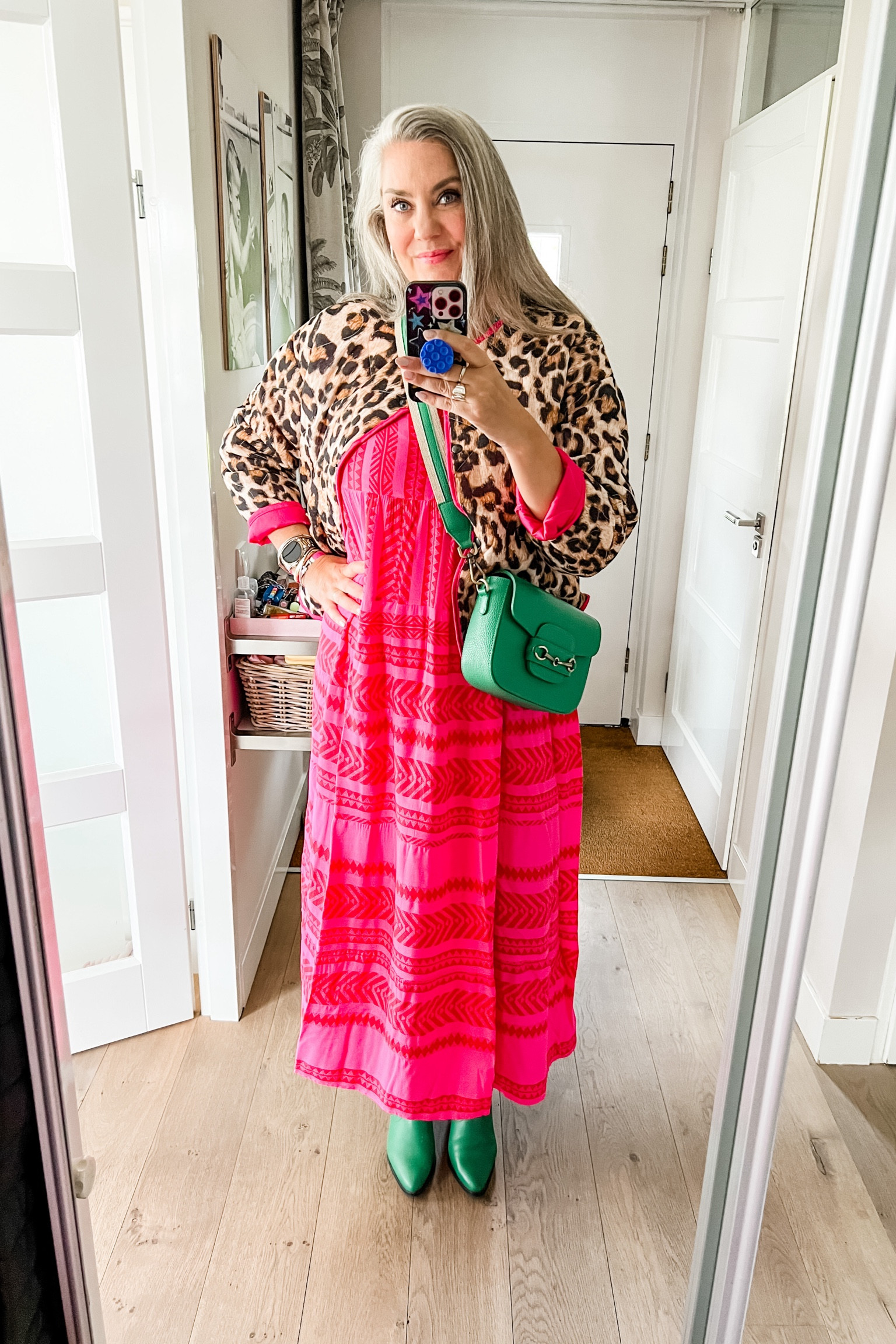 Ootd - Sunday. Pink and red maxi dress (https://bonprix.mtpc.se/4465583), leopard jacket from Hip voor de Heb in Utrecht. Green western boots (old, Sacha), green crossbody bag (old). 

#LTKsummer #LTKeurope #LTKstyletip
