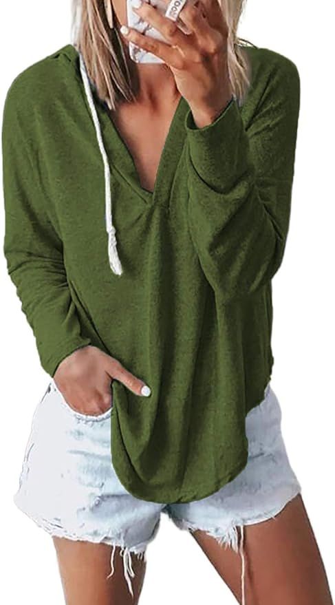 KIRUNDO Women’s Hoodies V Neck Long Sleeves Solid Color Sweatshirts Drawstring Casual Loose Pul... | Amazon (US)