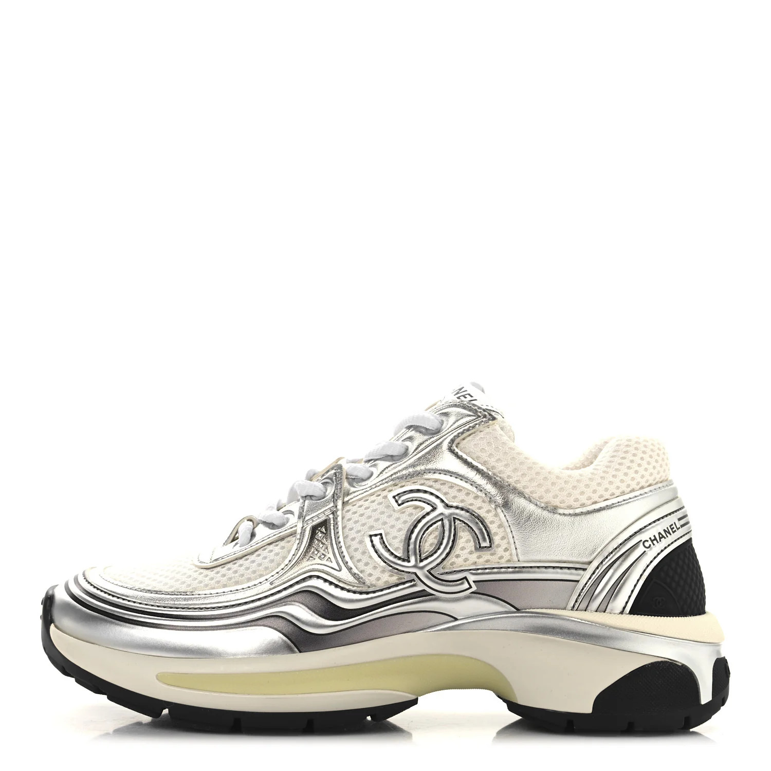 Chanel Fabric Laminated Calfskin Stretch CC Sneakers 35 White Silver 1738325 | FASHIONPHILE (US)