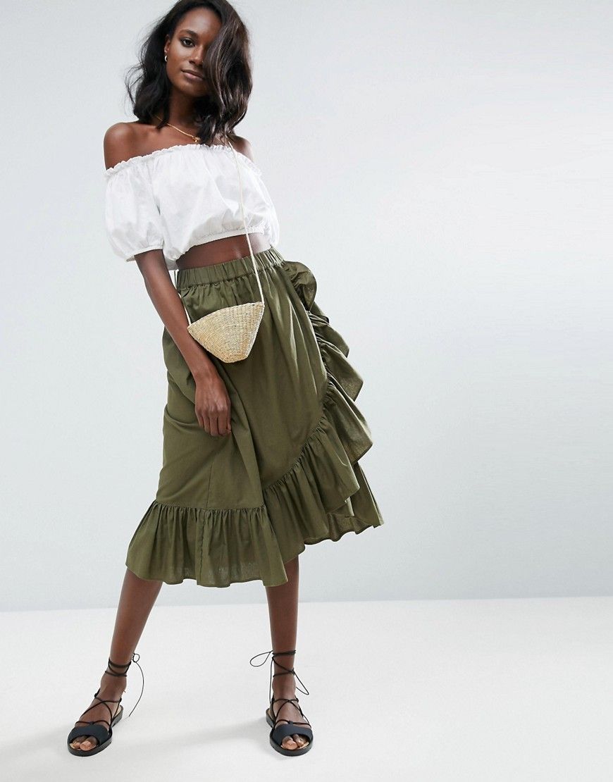 ASOS Wrap Midi Skirt in Cotton with Ruffle Hem - Green | ASOS US